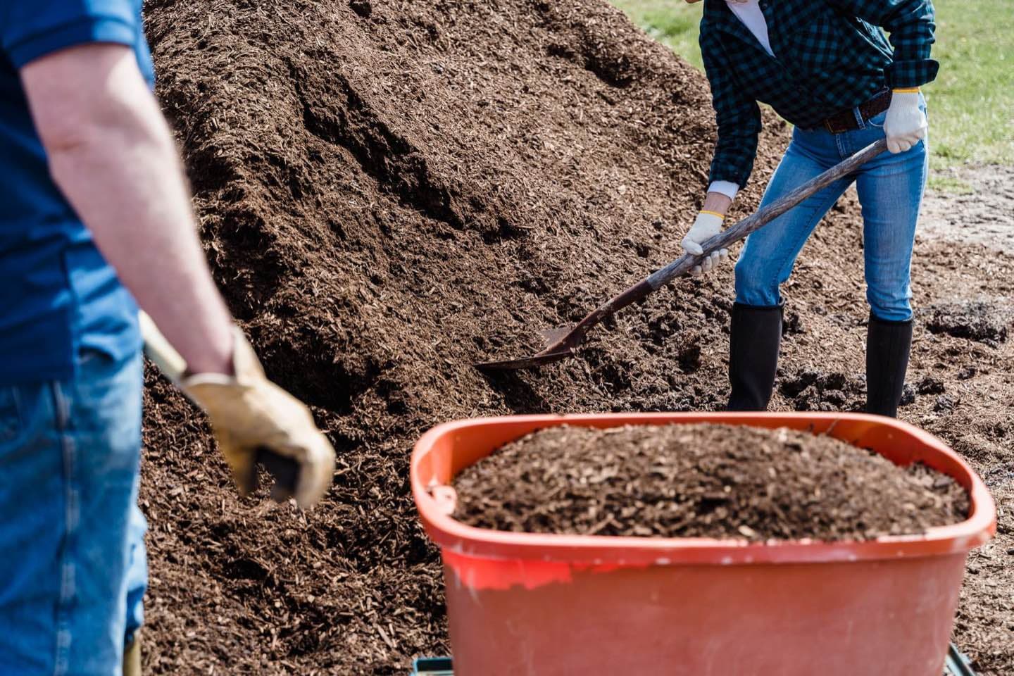 Gloved hands loading mulch from a large pile into a cart