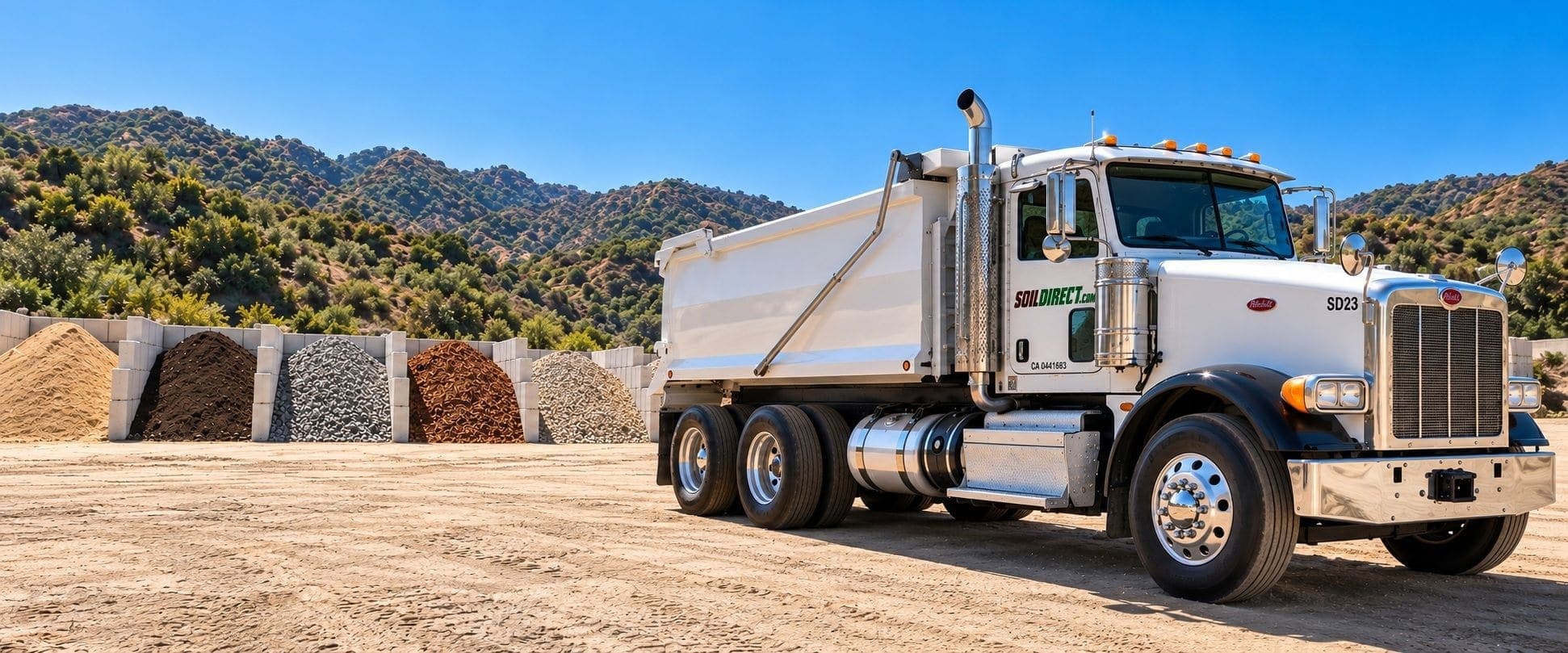 A white Soil Direct dump truck in front of bins of sand, soil, gravel and red mulch